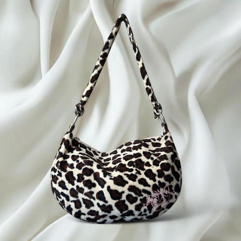 Roxy cheetah print fur shoulder bag pink embroidered logo y2k vintage
